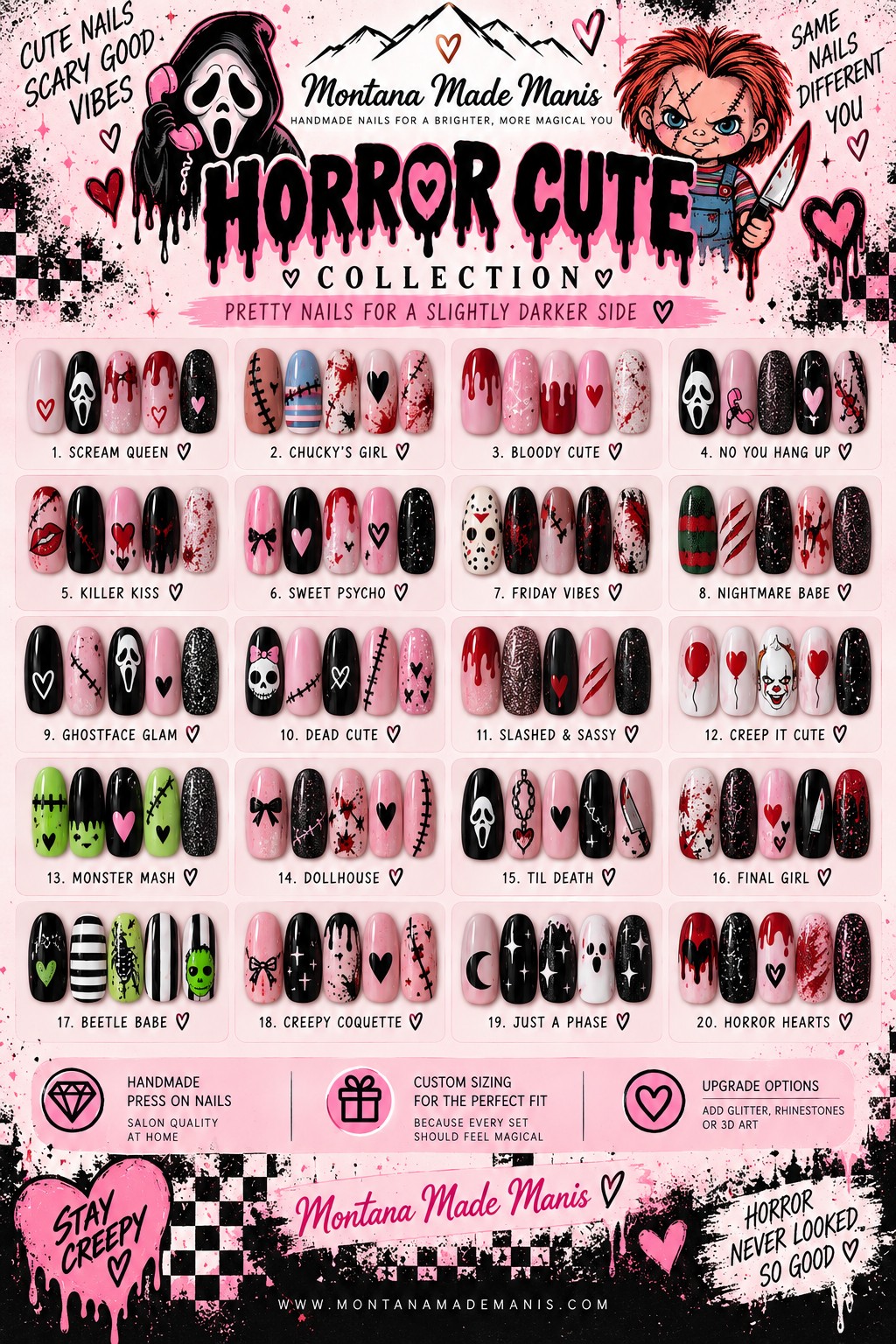 Horror Cute pink black red spooky press-on nail collection